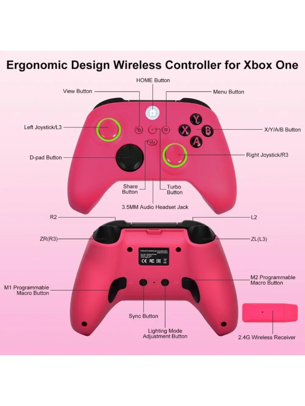 Wireless RGB LED Xbox One Controller - 2.4GHz, Rechargeable, Deep Pink, 3.5mm